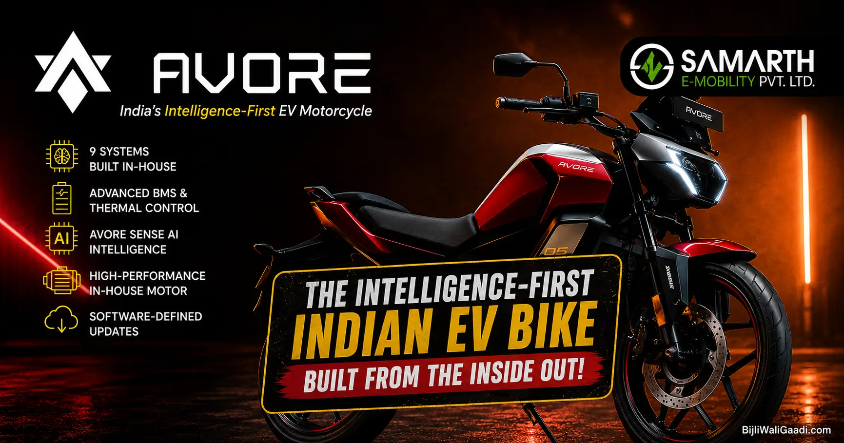 AVORE Electric Motorcycle by Samarth E-Mobility Pvt. Ltd. featuring AI-powered intelligence, in-house electric motor, advanced battery management system, futuristic LED headlight, and India's intelligence-first electric bike design.