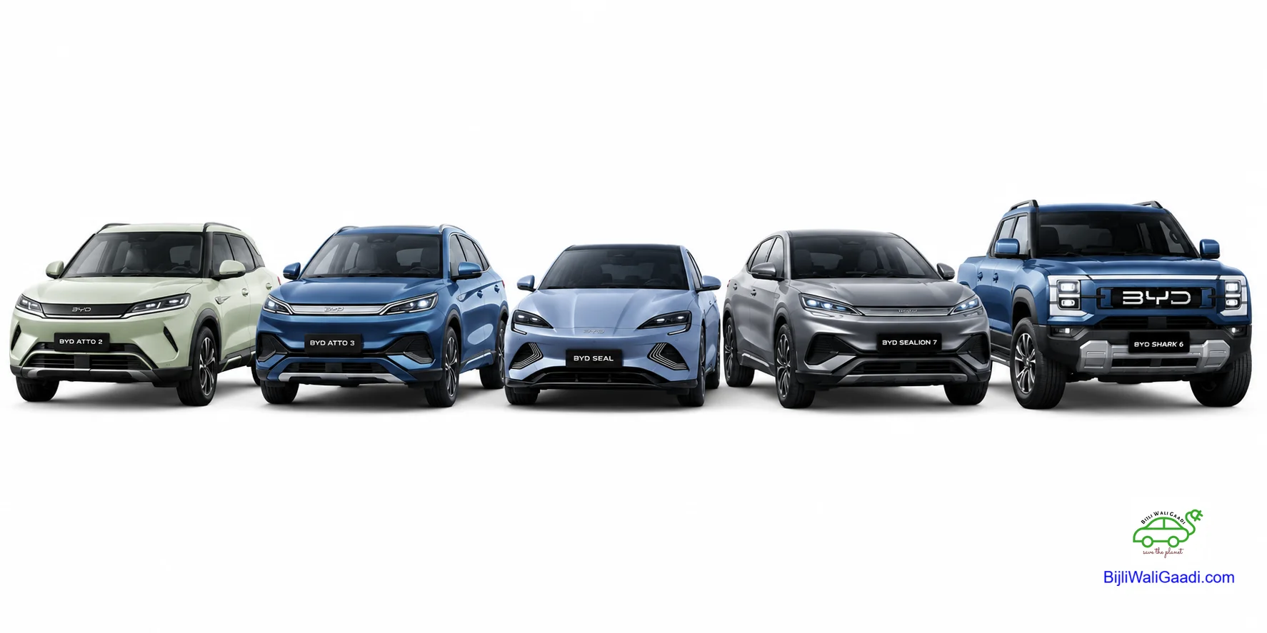 Five BYD vehicles available in Pakistan including Atto 2, Atto 3, Seal, Sealion 7 and Shark 6 displayed side by side on a white background.