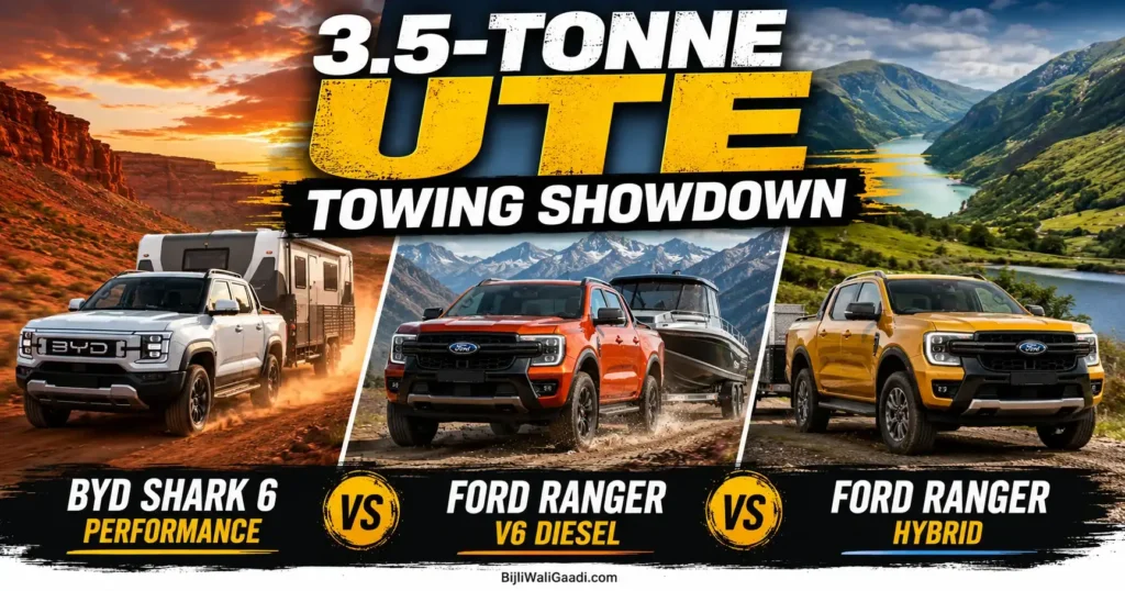 BYD Shark 6 Performance vs Ford Ranger V6 Diesel vs Ford Ranger Hybrid in a 3.5-tonne UTE towing showdown across Australian Outback and New Zealand mountain landscapes.