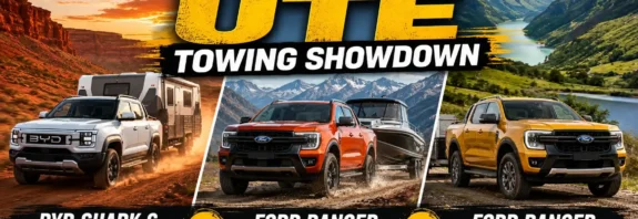 BYD Shark 6 Performance vs Ford Ranger V6 Diesel vs Ford Ranger Hybrid in a 3.5-tonne UTE towing showdown across Australian Outback and New Zealand mountain landscapes.