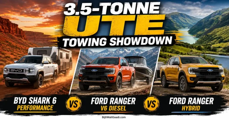 BYD Shark 6 Performance vs Ford Ranger V6 Diesel vs Ford Ranger Hybrid in a 3.5-tonne UTE towing showdown across Australian Outback and New Zealand mountain landscapes.