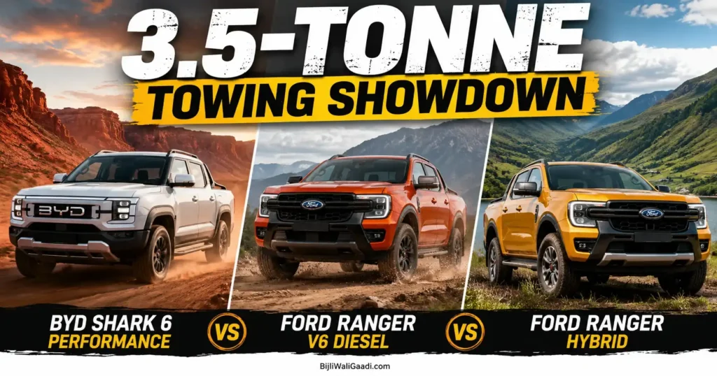 BYD Shark 6 Performance vs Ford Ranger V6 Diesel vs Ford Ranger Hybrid in a 3.5-tonne UTE towing showdown across Australian Outback and New Zealand mountain landscapes.