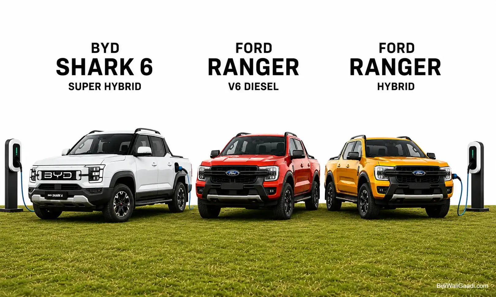 BYD Shark 6 Performance, Ford Ranger V6 Diesel, and Ford Ranger Hybrid parked side by side on Australian grass, with the Ranger Hybrid connected to an EV charger in a clean comparison image.