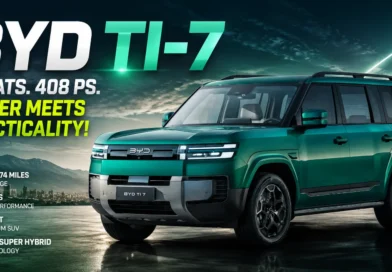 BYD Ti-7 green seven-seat DM-p Super Hybrid SUV with bold headline "Power Meets Practicality", highlighting 408 PS performance, 74-mile EV range, and AWD capability.