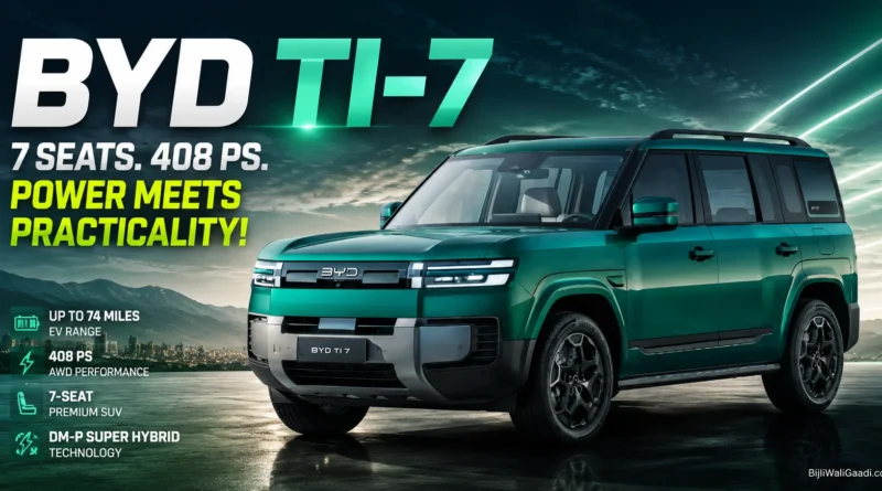 BYD Ti-7 green seven-seat DM-p Super Hybrid SUV with bold headline "Power Meets Practicality", highlighting 408 PS performance, 74-mile EV range, and AWD capability.