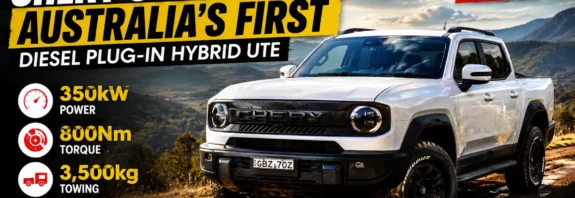 White Chery Stockman diesel plug-in hybrid ute showcasing Australia's first diesel PHEV pickup with 350kW power, 800Nm torque and 3,500kg towing capacity.