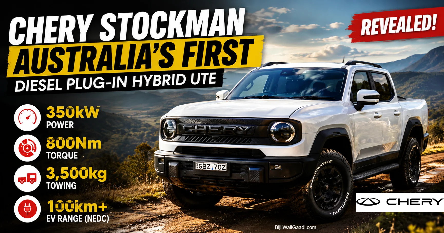 White Chery Stockman diesel plug-in hybrid ute showcasing Australia's first diesel PHEV pickup with 350kW power, 800Nm torque and 3,500kg towing capacity.