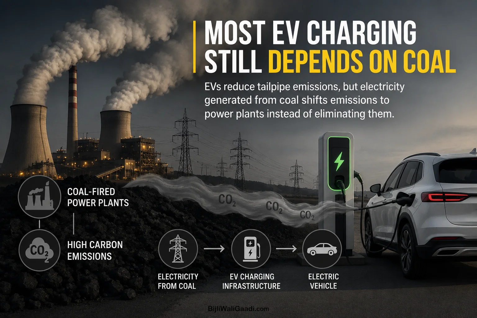 Editorial infographic showing coal-fired power plants supplying electricity to EV charging stations, illustrating how coal-based power shifts emissions from vehicles to power plants.