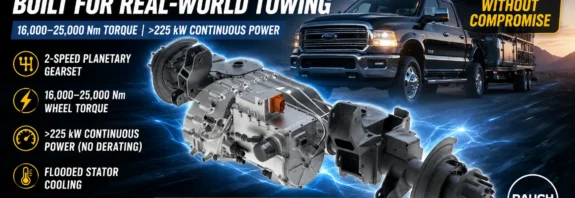 Dauch 2-speed e-Beam axle for heavy-duty electric pickup trucks featuring a rare-earth-free induction motor, planetary gearbox, flooded stator cooling and over 225 kW continuous power for towing applications.