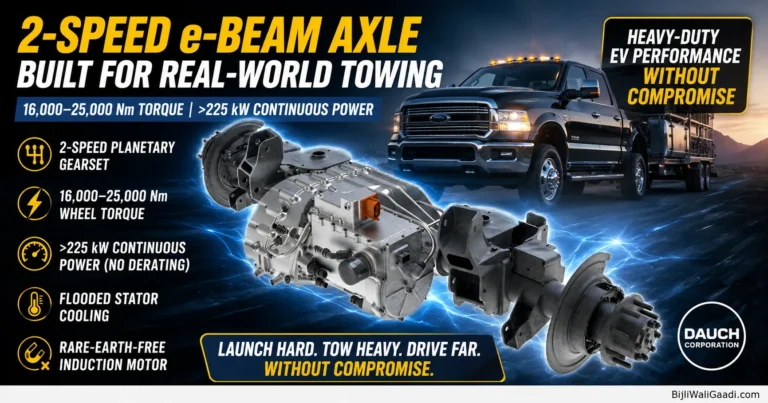 Dauch 2-speed e-Beam axle for heavy-duty electric pickup trucks featuring a rare-earth-free induction motor, planetary gearbox, flooded stator cooling and over 225 kW continuous power for towing applications.