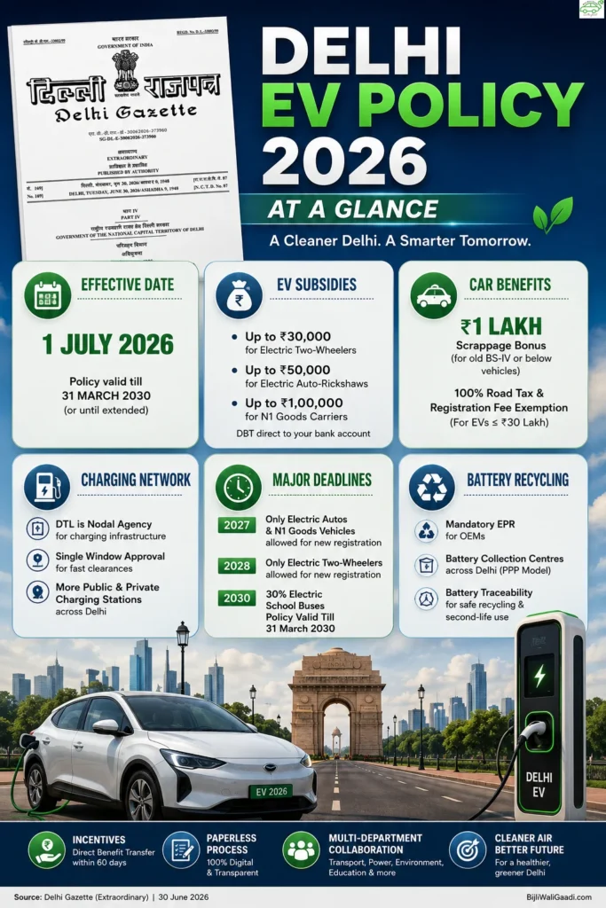 Delhi EV Policy 2026 infographic showing official Delhi Gazette notification, EV subsidies, ₹1 lakh scrappage bonus, charging infrastructure roadmap, battery recycling ecosystem, electrification deadlines, India Gate, and electric vehicle charging station.