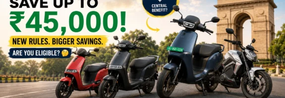 Electric scooter parked in Delhi with India Gate backdrop highlighting Delhi EV Policy 2026 and potential savings of up to ₹45,000 through state subsidy, scrappage bonus and central EV incentives.