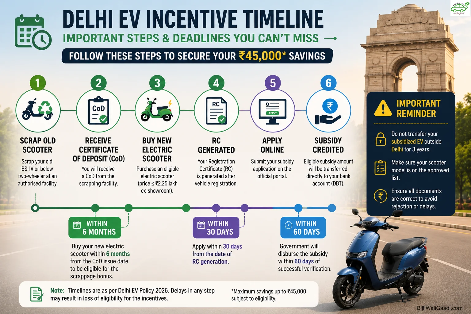 Delhi EV Policy 2026 timeline infographic showing the complete electric scooter subsidy process including vehicle scrappage, Certificate of Deposit (CoD), EV purchase, RC generation, online subsidy application, and subsidy credit with important deadlines.