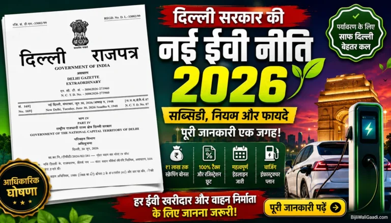 दिल्ली EV पॉलिसी 2026 हिंदी – नई EV सब्सिडी, ₹1 लाख स्क्रैपिंग बोनस, टैक्स छूट और चार्जिंग इंफ्रास्ट्रक्चर योजना