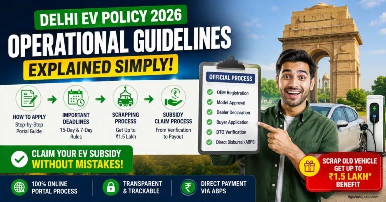 Delhi EV Policy 2026 Operational Guidelines featured image showing EV buyer, subsidy application process, scrapping incentive workflow, official portal guide, DTO verification, ABPS payment and Delhi electric vehicle policy implementation.
