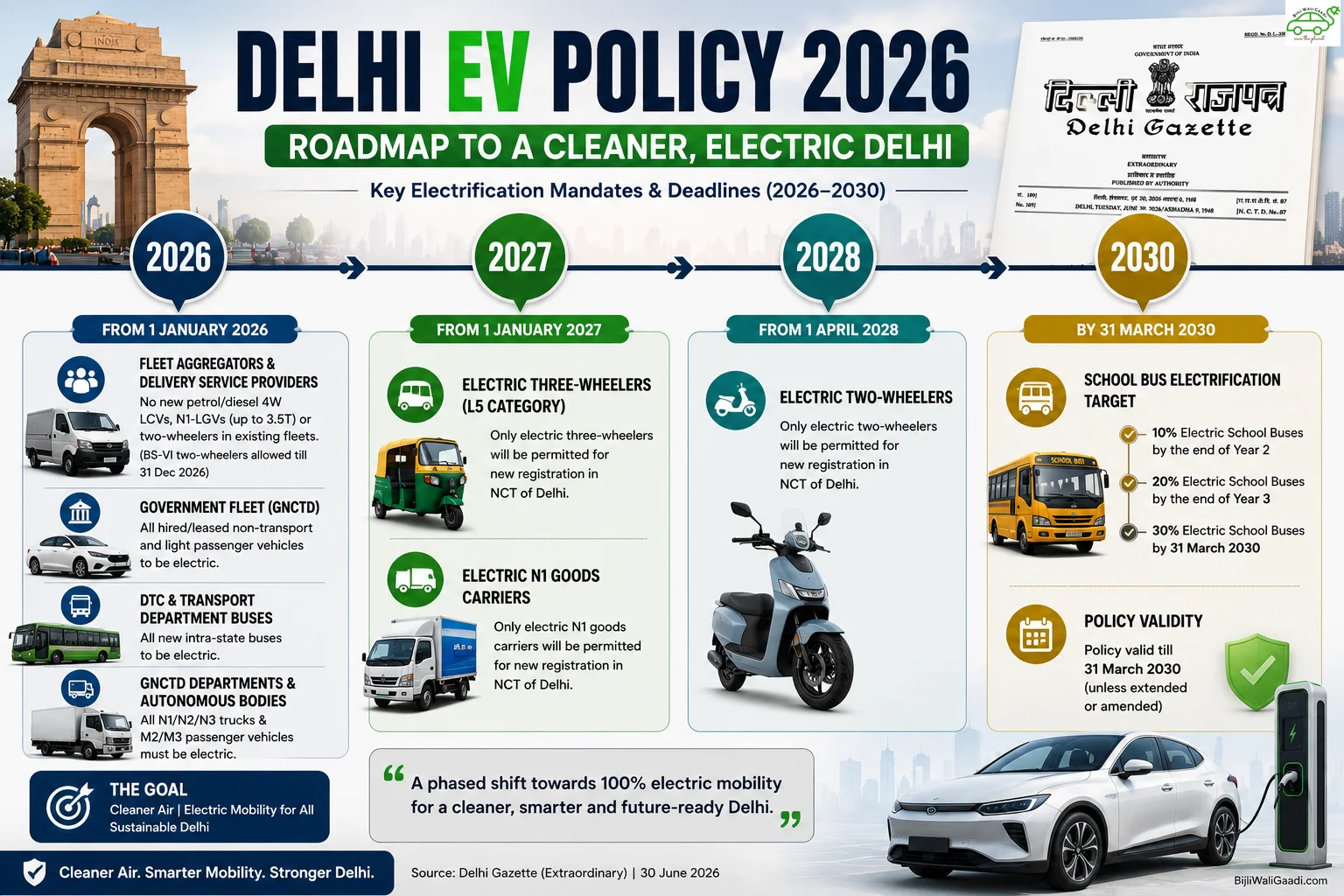 Delhi EV Policy 2026 roadmap infographic showing official implementation timeline, EV registration deadlines, electric two-wheelers, electric three-wheelers, N1 goods vehicles, school bus electrification targets, India Gate, Delhi Gazette notification, and EV charging infrastructure from 2026 to 2030.
