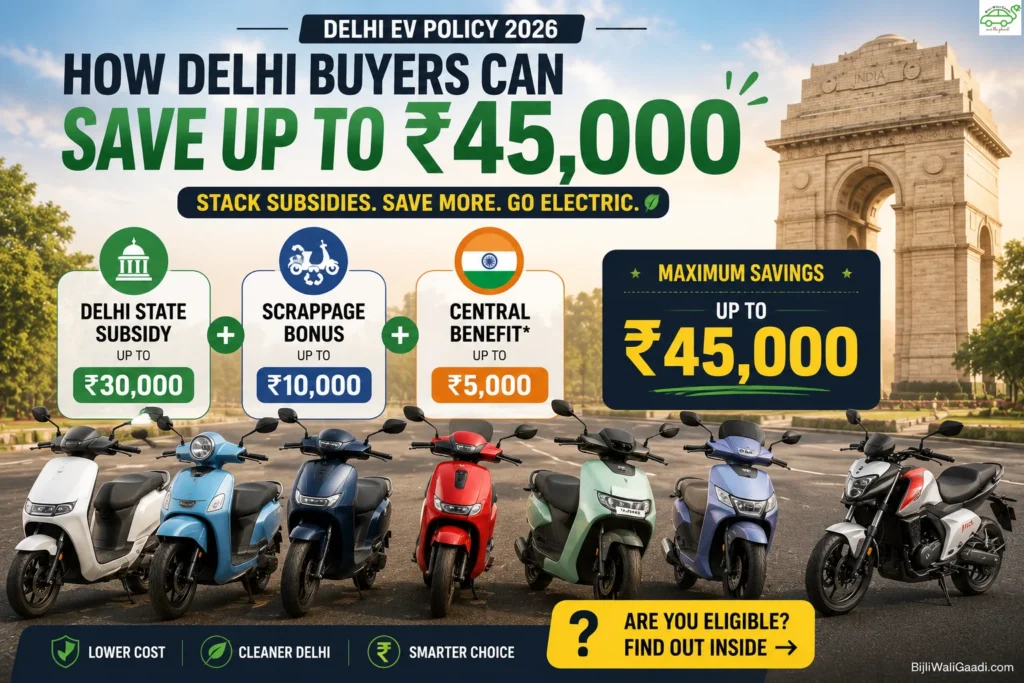 Delhi EV Policy 2026 infographic showing multiple electric scooters from different manufacturers with India Gate backdrop highlighting up to ₹45,000 savings through state subsidy, scrappage bonus and central EV incentives.