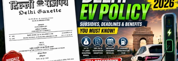 Delhi EV Policy 2026 featured image showing official Delhi Gazette notification, electric car charging station, India Gate, and highlights of ₹1 lakh scrappage bonus and EV subsidies.