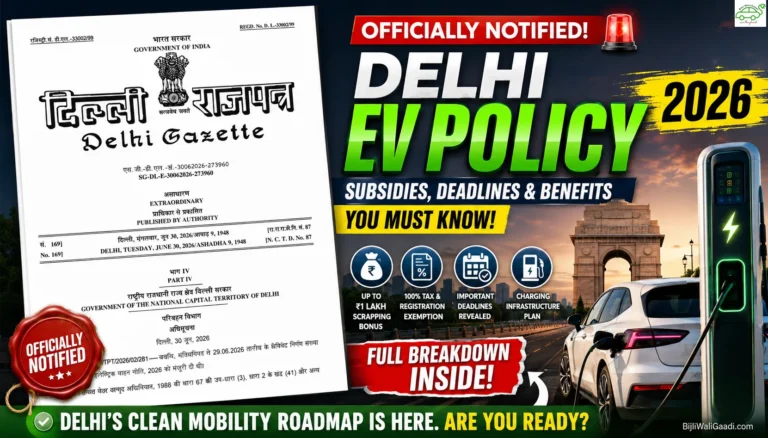 Delhi EV Policy 2026 featured image showing official Delhi Gazette notification, electric car charging station, India Gate, and highlights of ₹1 lakh scrappage bonus and EV subsidies.
