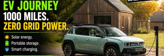 Renault 4 E-Tech charging from a solar-powered EV charger during the UK's first 1000-mile grid-free solar-powered electric vehicle journey, highlighting the future of off-grid EV charging for India.