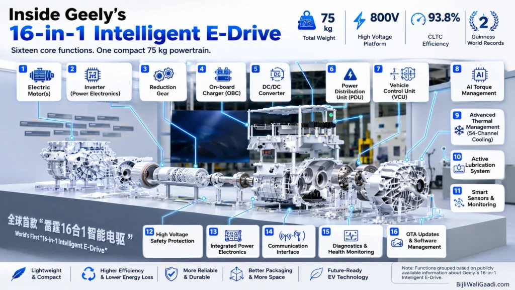 Infographic explaining the architecture of Geely's 16-in-1 Intelligent E-Drive with integrated motor, inverter, gearbox, AI torque management, 800V platform, thermal management and power electronics.