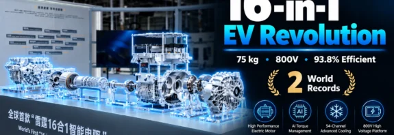 Official Geely 16-in-1 Intelligent E-Drive display showing the 75 kg 800V integrated EV powertrain with 93.8% efficiency, compared with BYD 8-in-1 and MG 10-in-1 electric drive technologies.