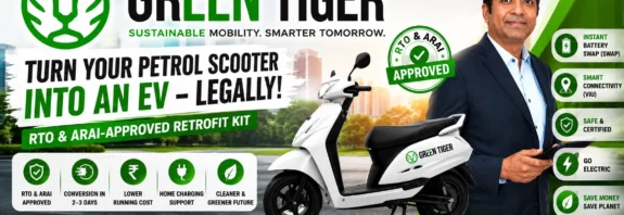 Green Tiger petrol-to-electric scooter conversion kit for Hero, Honda, Suzuki, TVS and Yamaha scooters with company founder and converted electric scooter displayed in the featured image.