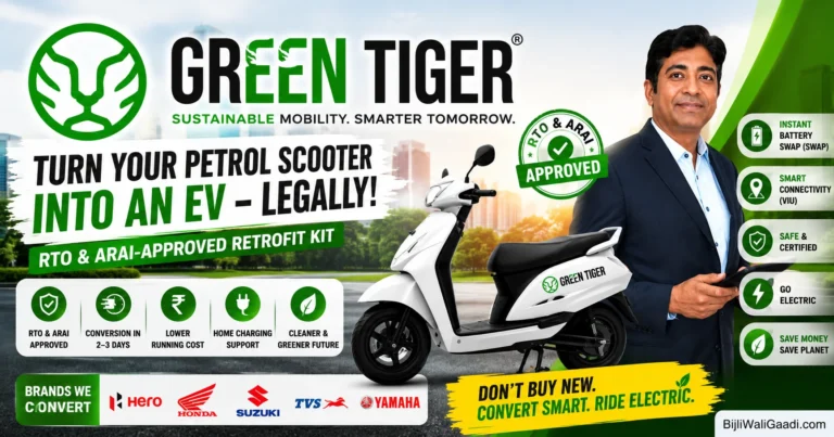 Green Tiger petrol-to-electric scooter conversion kit for Hero, Honda, Suzuki, TVS and Yamaha scooters with company founder and converted electric scooter displayed in the featured image.