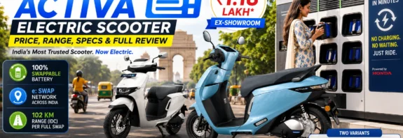 Honda Activa e: electric scooter featured image showing the white and blue Activa e models alongside a Honda e:SWAP battery swapping station in an Indian city, highlighting price, 102 km range, swappable batteries, and key specifications.