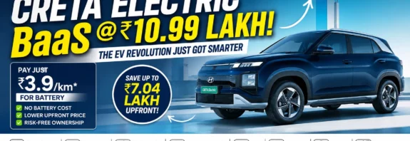 Hyundai Creta Electric BaaS featured image showing ₹10.99 lakh starting price with Battery-as-a-Service subscription at ₹3.9 per km in India 2026.