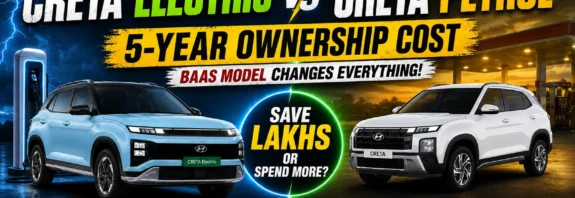Hyundai Creta Electric vs Hyundai Creta Petrol 5-year ownership cost comparison featuring EV, petrol and BaaS running cost analysis