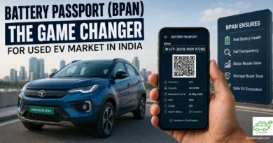 Realistic featured image showing a Tata Nexon EV with a smartphone displaying India's Battery Passport (BPAN), QR code, battery State of Health (SoH), and digital verification for used electric vehicle resale transparency.