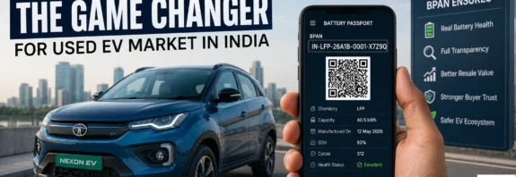 Realistic featured image showing a Tata Nexon EV with a smartphone displaying India's Battery Passport (BPAN), QR code, battery State of Health (SoH), and digital verification for used electric vehicle resale transparency.