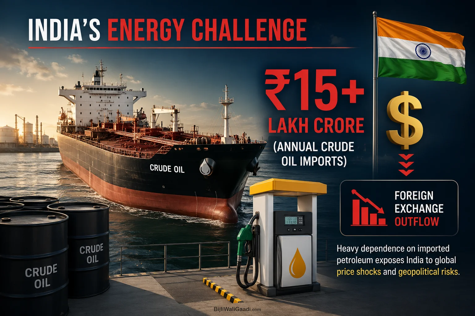 Editorial infographic showing India's crude oil import dependence, oil tanker, fuel pump, Indian flag and ₹15+ lakh crore annual import bill highlighting the need for energy security.