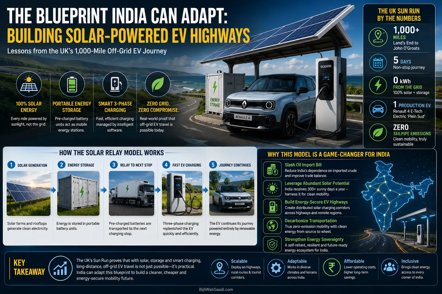 Comprehensive infographic showing solar-powered EV charging corridors with solar farms, battery storage, smart chargers, Renault EV, and India's future renewable-powered highway infrastructure.