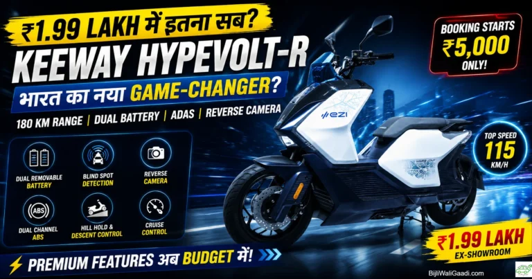 Keeway Hypevolt-R electric scooter featured image showing ₹1.99 lakh price, 180 km range, dual removable batteries, ADAS safety features and 115 km/h top speed.