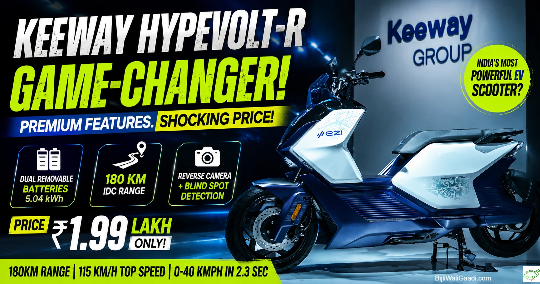 Keeway Hypevolt-R electric scooter showcased at launch featuring 180 km range, dual removable batteries, ADAS safety, and ₹1.99 lakh price in India.