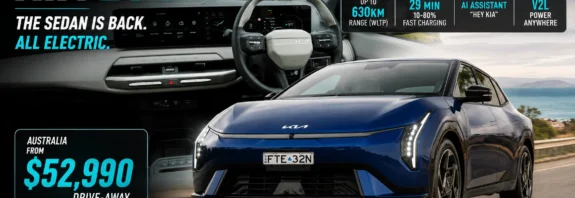Blue Kia EV4 electric sedan with digital cockpit, showcasing up to 630km WLTP range, 29-minute fast charging, AI assistant, V2L capability and advanced EV technology.
