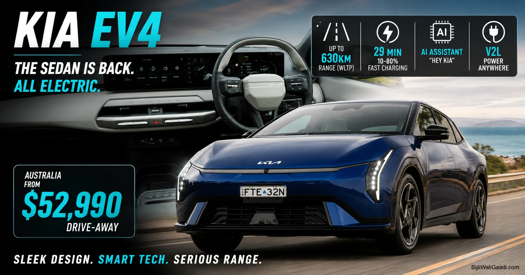 Blue Kia EV4 electric sedan with digital cockpit, showcasing up to 630km WLTP range, 29-minute fast charging, AI assistant, V2L capability and advanced EV technology.