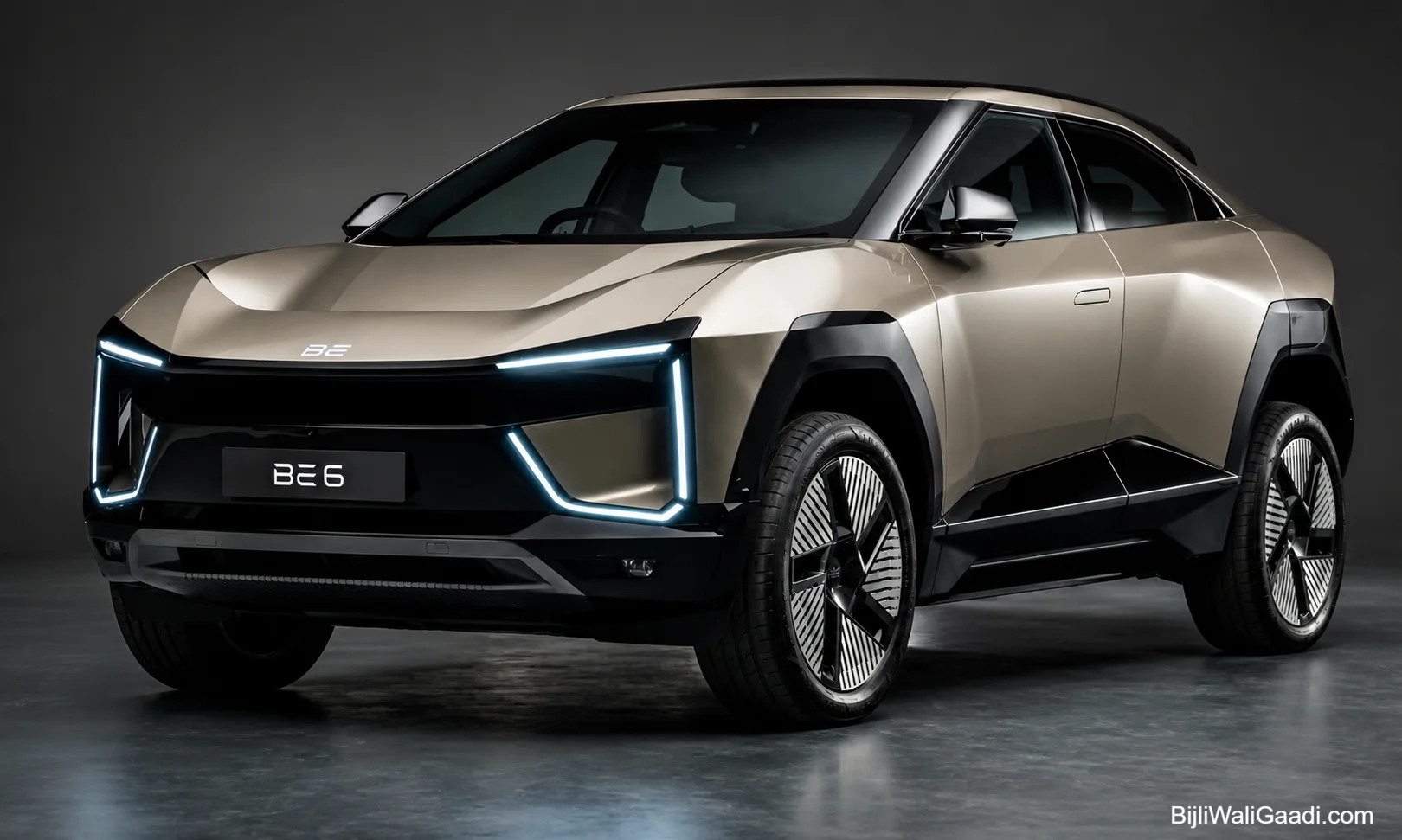 Mahindra BE 6 electric SUV in a premium studio setting showing futuristic front design, LED DRLs, aerodynamic styling, and modern alloy wheels for India 2026.