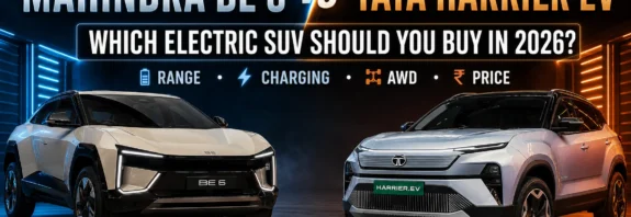 Mahindra BE 6 vs Tata Harrier EV comparison featured image showing both electric SUVs side by side with range, charging, AWD, and price comparison for India 2026.