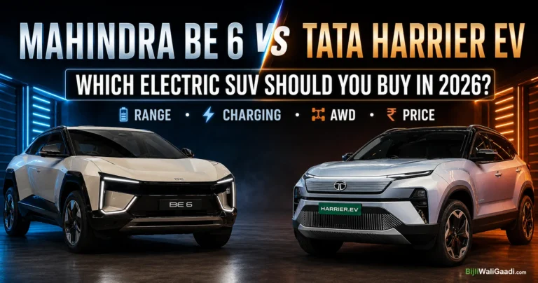 Mahindra BE 6 vs Tata Harrier EV comparison featured image showing both electric SUVs side by side with range, charging, AWD, and price comparison for India 2026.