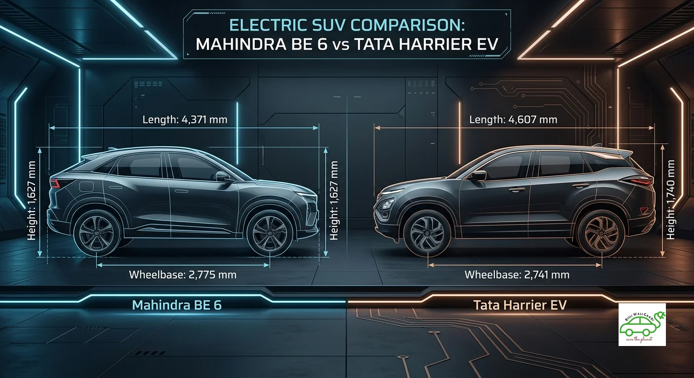 Technical side-by-side infographic comparing dimensions of Mahindra BE 6 (Length: 4371mm, Wheelbase: 2775mm) and Tata Harrier EV (Length: 4607mm, Wheelbase: 2741mm) on a futuristic dark studio background.