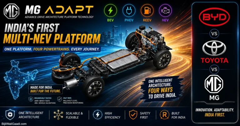 MG ADAPT India's first Multi-NEV platform featuring BEV PHEV REEV HEV architecture with comparison of MG, BYD and Toyota hybrid technologies