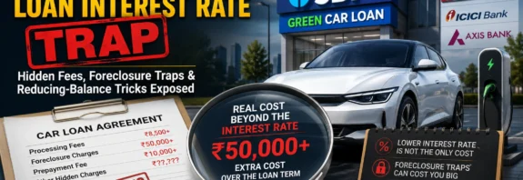 Featured image showing SBI Green Car Loan interest rate trap with hidden fees, foreclosure charges, EV loan comparison between SBI, HDFC, ICICI and Axis Bank, and an electric car charging outside a bank in India.