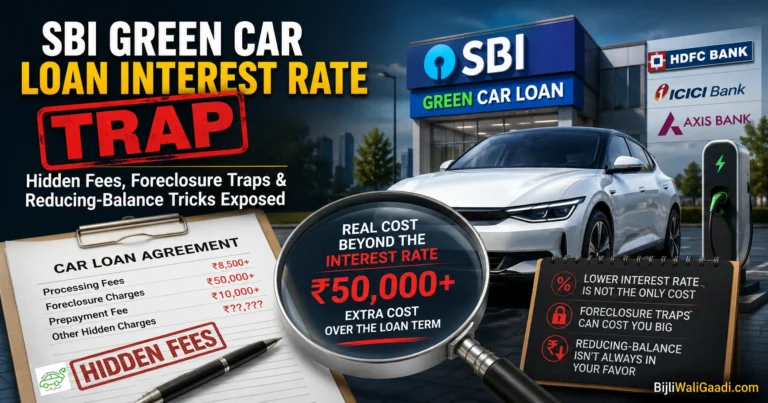 Featured image showing SBI Green Car Loan interest rate trap with hidden fees, foreclosure charges, EV loan comparison between SBI, HDFC, ICICI and Axis Bank, and an electric car charging outside a bank in India.