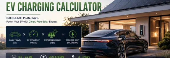 Premium home with rooftop solar panels charging an electric vehicle, illustrating the solar rooftop EV charging calculator for India, solar panel requirement, EV charging cost savings and PM Surya Ghar subsidy 2026.