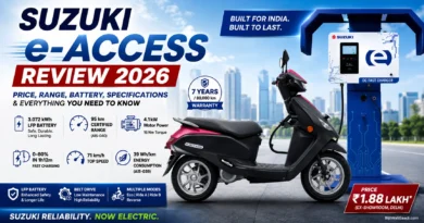 Suzuki e-Access Review 2026 featured image showing the Suzuki e-Access electric scooter beside a Suzuki DC Fast Charger with key highlights including 95 km range, 3.072 kWh LFP battery, 4.1 kW motor, fast charging, and 7-year warranty.