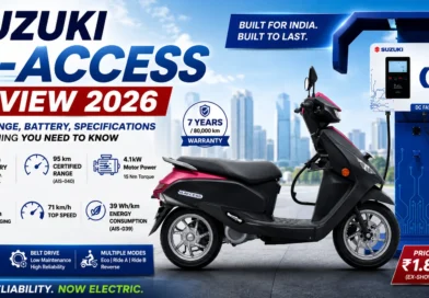 Suzuki e-Access Review 2026 featured image showing the Suzuki e-Access electric scooter beside a Suzuki DC Fast Charger with key highlights including 95 km range, 3.072 kWh LFP battery, 4.1 kW motor, fast charging, and 7-year warranty.