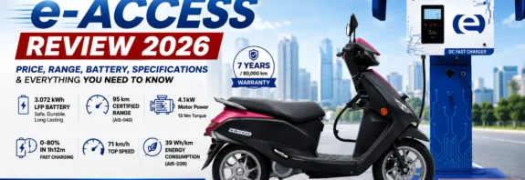 Suzuki e-Access Review 2026 featured image showing the Suzuki e-Access electric scooter beside a Suzuki DC Fast Charger with key highlights including 95 km range, 3.072 kWh LFP battery, 4.1 kW motor, fast charging, and 7-year warranty.